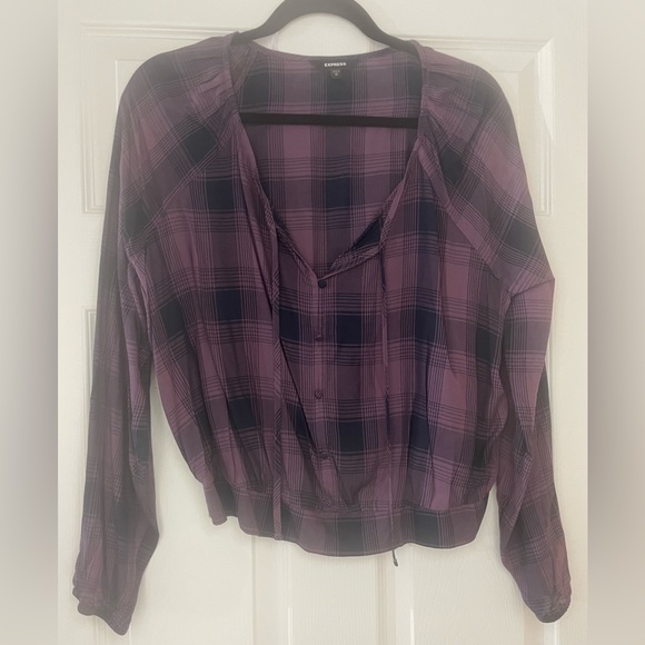 Express Long Sleeve Cropped Plaid Blouse with Smocked Band - Picture 1 of 5